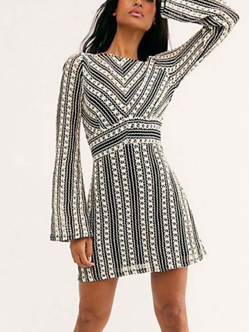 Free People Black & White Geometric Long-Sleeve Mini Dress